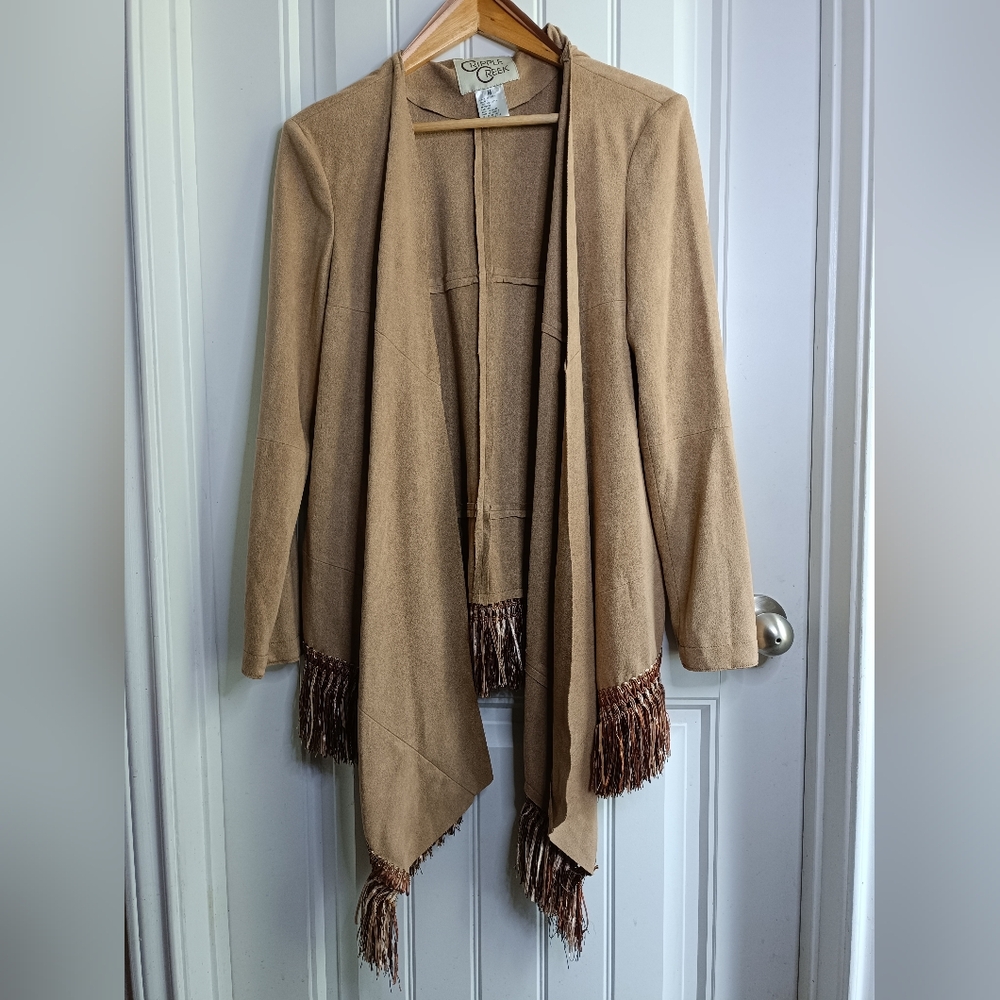 Cripple Creek tan faux suede open front Fringe jacket Western Boho Coachella Fes